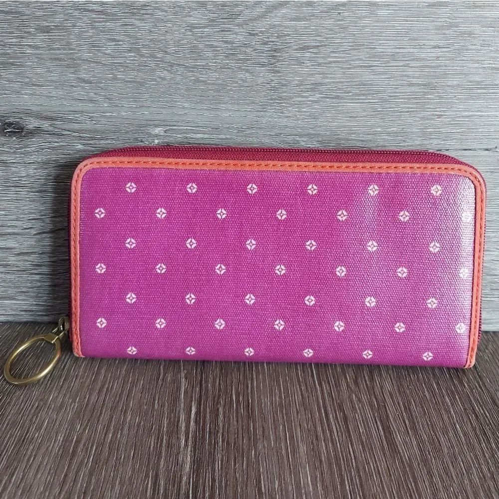 Fossil Magenta Coated Canvas Leather Trim Zip Around Credit Card Wallet